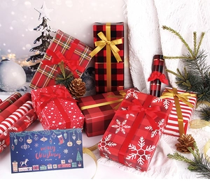 Festive Christmas wrapping paper collection featuring red plaid and snowflake patterns