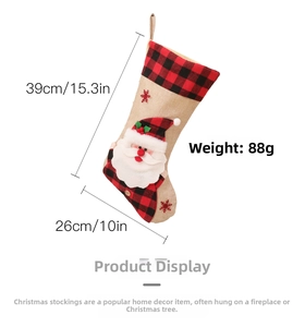 3D Santa Claus Christmas stocking with red buffalo plaid details and dimensions