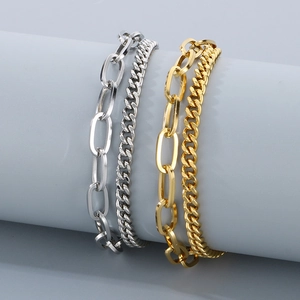 Double-layered stainless steel paperclip and curb chain bracelet in gold and silver