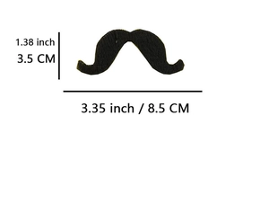 Size chart for black handlebar fake mustache showing 8.5cm length and 3.5cm height