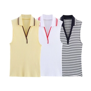 Sleeveless Knit Polo Shirt Ribbed V Neck Contrast Tipping Slim Fit Summer Top For Women
