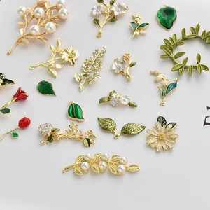 Enamel rose and leaf charms in gold finish with pearls for DIY jewelry making