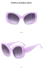Detail view of purple translucent cat eye sunglasses with double gray gradient lenses