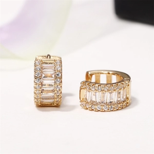 Luxury gold-plated huggie hoop earrings with three rows of baguette and round-cut zircons