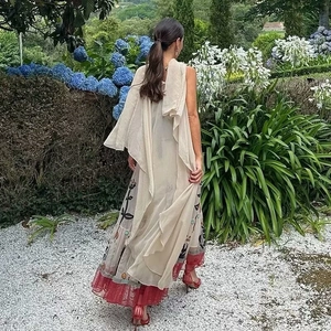 Bohemian Maxi Dress Polyester Mesh Embroidery Spaghetti Straps Summer Beach Ethnic Floral Printed Long Dress For Women