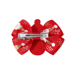 Barrette de Noël avec nœud en ruban rouge, motifs rennes et pince crocodile en métal