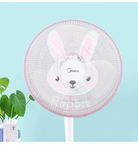 Detailed view of pink mesh fan cover with cute rabbit pattern for child safety protection