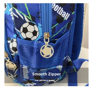 Detail of blue soccer backpack showing smooth ring zipper and mesh side pocket