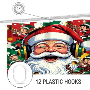 Detail showing 0.4 inch metal grommets and 12 plastic hooks for Christmas shower curtain