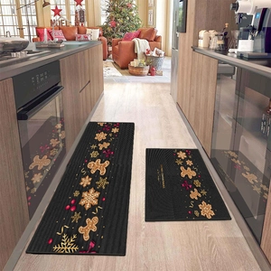 Black Christmas kitchen mat set with gingerbread man and Merry Christmas text