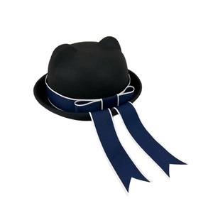 Japanese style black wool bowler hat with cute cat ears and long blue bow ribbons