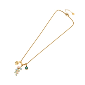 Golden necklace featuring tree of life, colorful enamel leaf, and green gemstone pendant