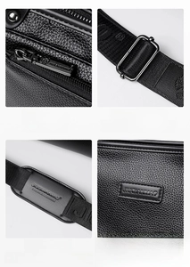 Detail view of smooth zipper and adjustable strap on black textured men's crossbody bag