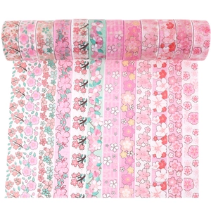 Detail of 12 rolls cherry blossom washi tape set with pink floral patterns and stickers