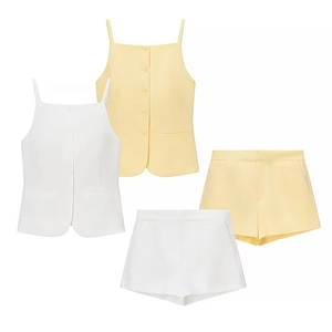 Women Summer Button Camisole Square Neck Tank Top And High Waist Shorts Elegant Street Style Two Item Casual Outfit Suit