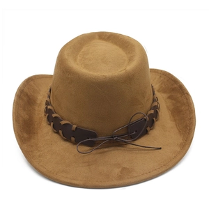 Close-up of brown suede fedora featuring a braided leather band with rustic knot detail
