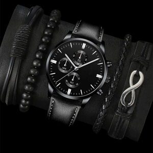 Men's chronograph watch with black leather strap and matching beaded bracelets set
