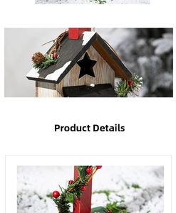 Detail of wooden Christmas birdhouse with snowy pine needles and star cutout