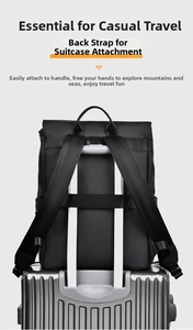 Detail of ergonomic business backpack with integrated luggage strap for travel
