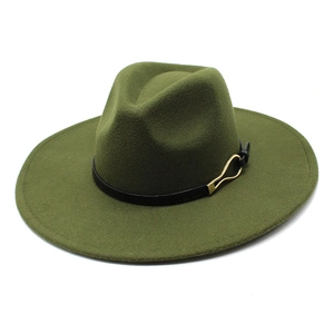 Detail view of olive green wool fedora with black leather band and gold metal buckle
