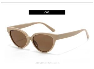 Detail shot of beige frame cat eye sunglasses with brown lenses and model C03 marking