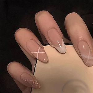 Nude Rosa Mandel Künstliche Nägel Mit Weißen French Tips Glitzer Und Gitter Design Elegante Süße Stil Frauen