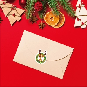 Cartoon Christmas sticker set with kraft paper envelope on a festive red holiday background
