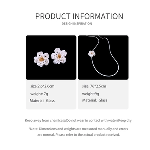 Detailed size and weight chart for camellia pearl flower earrings and necklace set