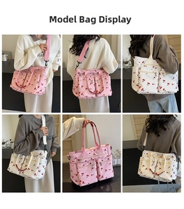 Detailed views of printed tote bags showing multi-pocket design and cherry patterns