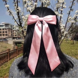 Pink satin bow hair clip for women styled on model's hair in a scenic outdoor park