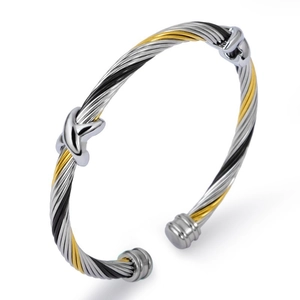 Three-tone twisted cable bangle with silver X-shaped buckle detail in open cuff style