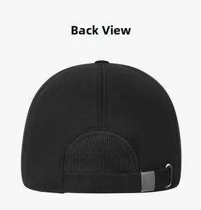 Detailed back view of black winter baseball cap featuring metal buckle adjustment strap