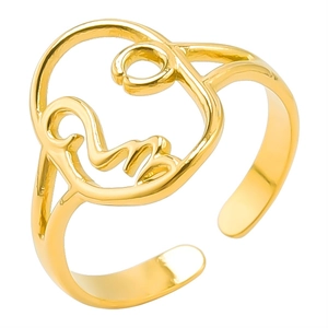 Minimalist gold stainless steel open ring featuring abstract line art face design