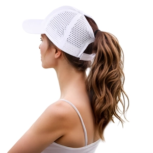 Rear view of a white quick-dry baseball cap with a ponytail hole and laser-cut holes