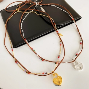 Vintage Layered Necklace With Alloy Heart Lock Key Pendants And Leather Rope Colorful Glass Beads Jewelry For Women