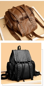 Close-up of studded washed leather backpack with multi-zipper pockets and drawstring