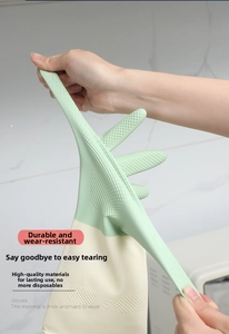 Durable green and white latex cleaning gloves with non-slip texture and high elasticity