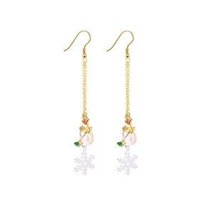 Close-up of long Christmas earrings featuring cute snowman and white snowflake charms