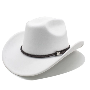 Close-up of white suede cowboy hat with braided leather band and silver skull charm