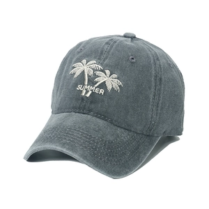 Charcoal grey washed cotton baseball cap with summer palm tree embroidery from side angle