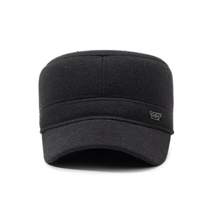 Winter men's warm black cadet cap with thick fleece and metal sports style emblem