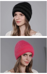 Detail of knitted winter beanie with silver threads and plush rabbit fur texture