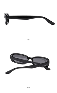 Side and back view of narrow oval black sunglasses with vintage acetate frames