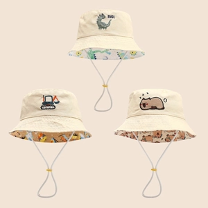 Kids Bucket Hat Cotton Sun Protection Cartoon Dinosaur Excavator Embroidery Fisher Hat For Boys Girls Adjustable Strap
