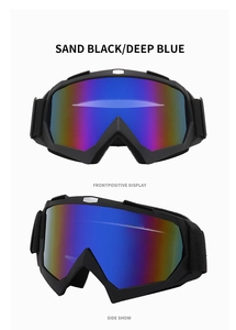 Front and side view of sand black frame ski goggles with deep blue polarized lenses