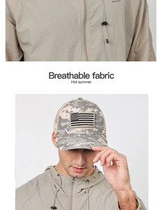Detail of breathable camo mesh baseball cap with flag patch and outdoor sun protection hoodie