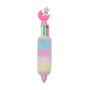 Detail of multi-color ballpoint pen with unicorn moon topper and rainbow plush barrel
