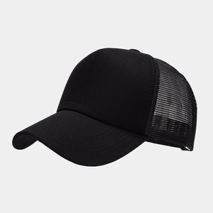 Side view of black mesh trucker hat showing breathable texture and curved brim