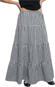 Detail of high waist elastic band on black and white plaid tiered maxi skirt fabric