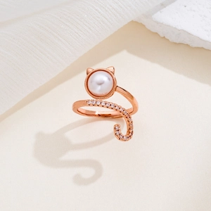 Minimalist cat ring in rose gold with pearl and sparkling zircon stones for women